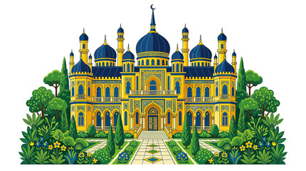 Exotic Palace Architecture with Blue Domes and Lush Gardens © Macan