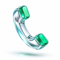 Fototapeta premium Glossy transparent green glass telephone handset floating on a white background - a 3D rendered conceptual icon symbolizing phone calls, communication and modern telephony services