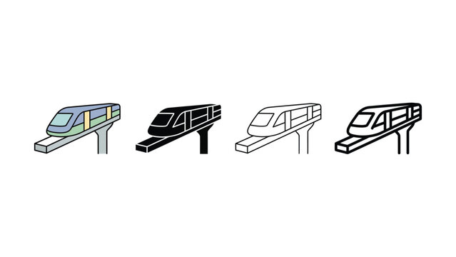 Set of four different monorail train icons on elevated track