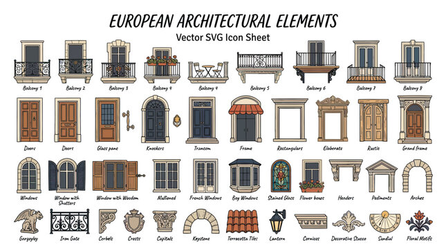 European Architectural Elements Vector Icons: Balconies, Doors, Windows, Arches