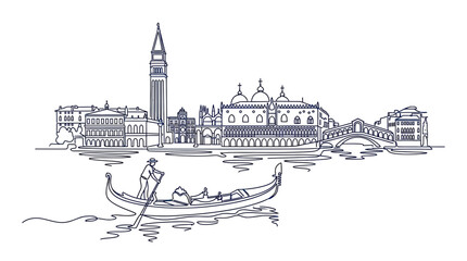 Venice Skyline Sketch: Gondola on Canal, St. Mark's Basilica, Doge's Palace, Bridge © Macan