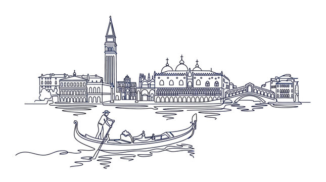 Venice Skyline Sketch: Gondola on Canal, St. Mark's Basilica, Doge's Palace, Bridge