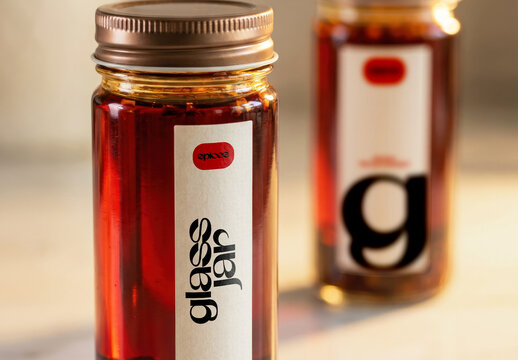 Glass Spice Jar Label Mockup on Marble Surface