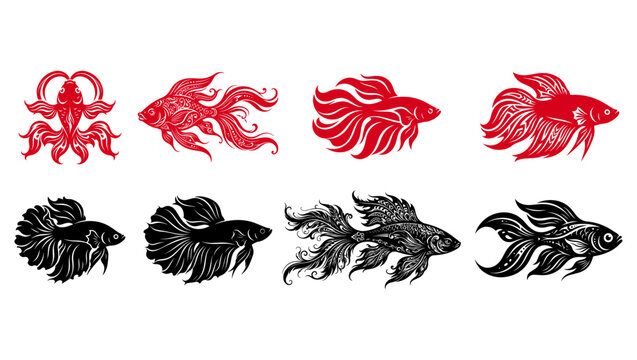 Red and Black & White Ornamental Betta Fish Collection Vector Set Isolated on PNG Background, betta fish, siamese fighting fish, ornamental fish, tropical fish, aquarium fish, fish silhouette, 