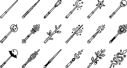 Collection of 16 unique magic wands with various designs and themes for fantasy stories or games © SharifulHaque