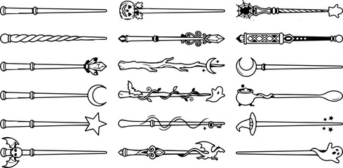 Collection of 20 unique magic wands with various designs and themes for fantasy and creative projects © SharifulHaque