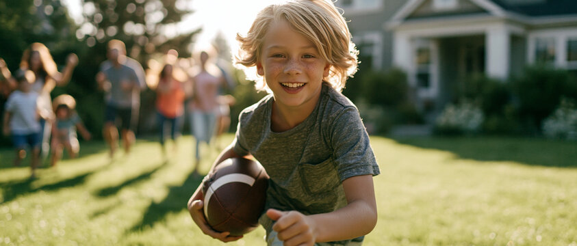  Cheerful all-American boy running with an American football in a sunny suburban backyard while his large family plays together in the background