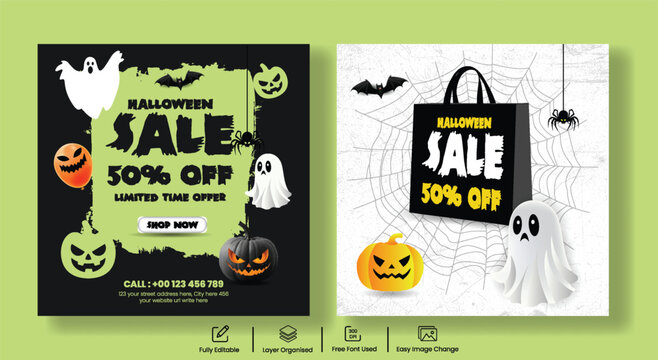 Halloween sale social media posts, advertisements bundle with pumpkins, ghosts, bats, and spiders, offering sale discount promotion on green, black, and white Halloween backgrounds