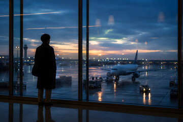 Fototapeta premium Traveler standing by a large airport window watching an aircraft on a rainy evening runway, symbolizing travel, departure, anticipation, and journey.
