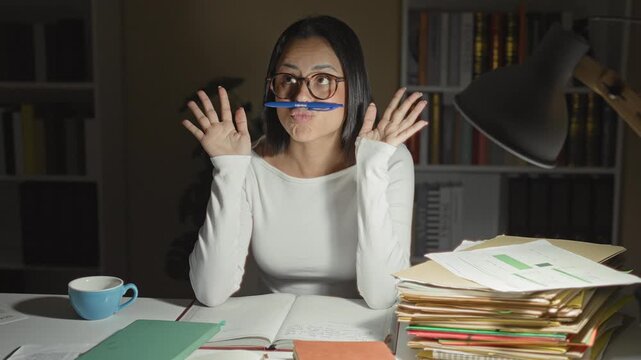 Woman balancing pen on lip, hands raised over open notebook and stacked folders in a dim studio at night; study focus playful.