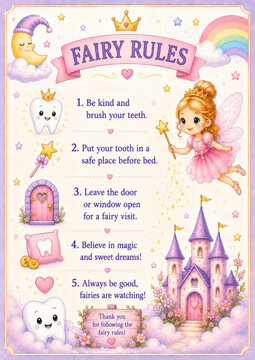 Cute fairy-themed poster with tooth fairy rules for kids. Magical pastel design featuring a fairy, castle, smiling teeth, and whimsical decorations. Perfect for children's rooms and dental offices.