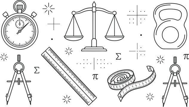 Measurement and math science line art vector icons set with stopwatch scale kettlebell ruler drawing compass tape measure
