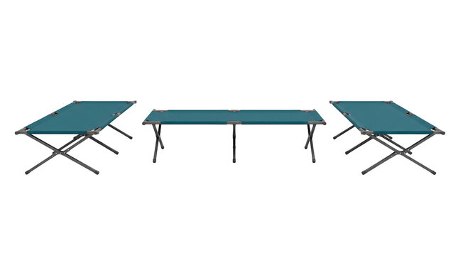 Blue folding camp cot bed shown from three different angles.