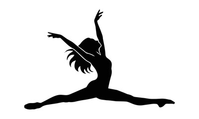 Fototapeta premium Minimalist silhouette of a female ballet dancer performing a mid-air grand jeté leap with graceful movement on white background. Performing arts concept