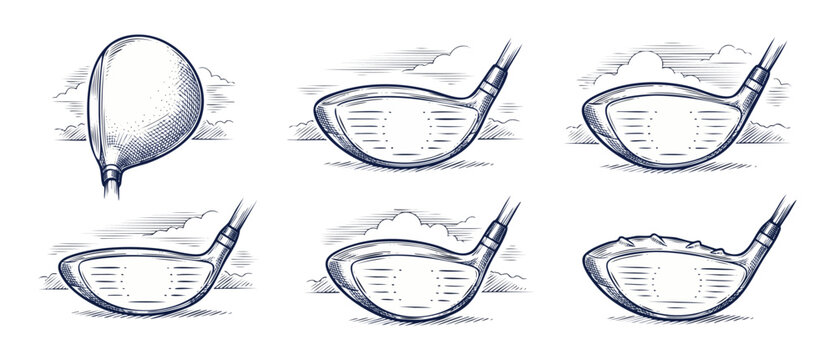 Golf club driver head sketch vintage engraving illustrations showing front face and top views on white background. Retro golf sport equipment design diagrams for logo, template, and graphic layout.
