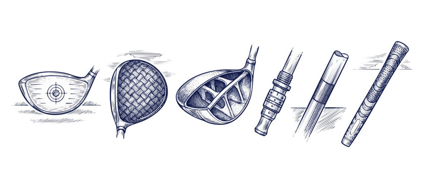 Golf club driver parts sketch showing technical diagram of driver face, internal structure, adjustable hosel, graphite shaft, and textured grip in vintage hand drawn engraving style for sport designs.