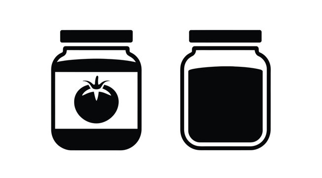 Tomato jam or sauce jar icon set in solid and outline styles featuring food container symbols, vector illustration for ketchup, pasta sauce, preserves, condiment packaging, grocery products, cooking, 