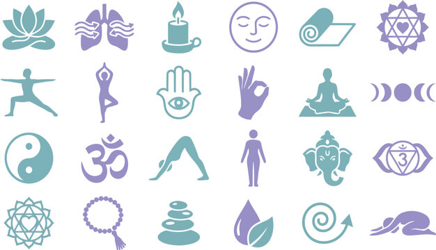 Collection of flat vector yoga and wellness icons featuring lotus flowers and meditation poses set in purple and teal colors isolated on transparent background