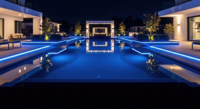 Modern Luxury Backyard Oasis With Illuminated Swimming Pool At Night
