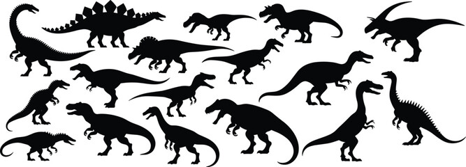 Assortment of Dinosaur Silhouettes in Various Poses on White Background prehistoric ancient © QueenMomtaz 