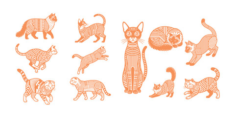 Naklejka premium Ornate Mandala Cat Silhouettes and Zentangle png Illustrations Set