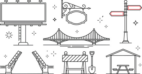 City infrastructure and road construction line art vector set with billboard suspension bridge signpost roadblock and gazebo icons © MdMursalin