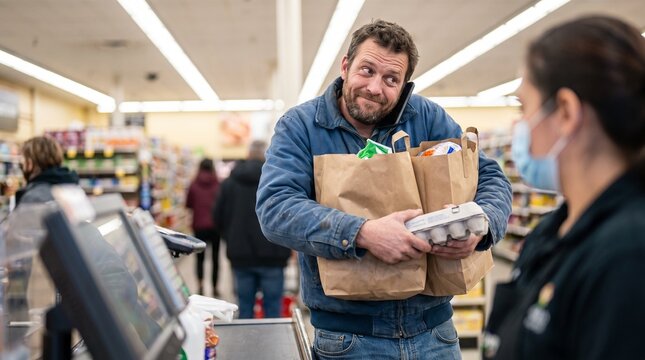 Adult Caucasian male with an awkward mood answering a smartphone holding groceries against a supermarket background, call from mom at inappropriate moment concept