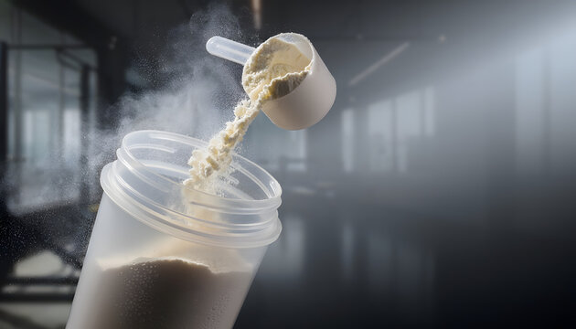 Pouring a scoop of white protein powder into a plastic shaker bottle with dust particles, dark gym background. Concept of sports nutrition, workout preparation, and fitness.