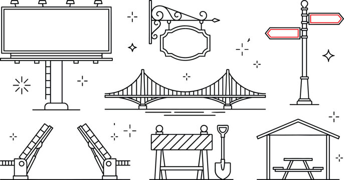 City infrastructure and road construction line art vector set with billboard suspension bridge signpost roadblock and gazebo icons