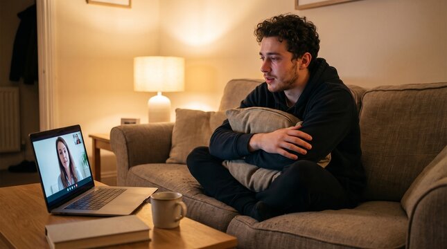 Young Caucasian man with a vulnerable mood sitting cross-legged holding a cushion against a dimly lit home background, mental health through telemedicine first session relief not joy concept