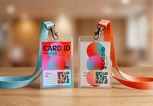 ID Card Mockup Set with Lanyards on Wooden Table