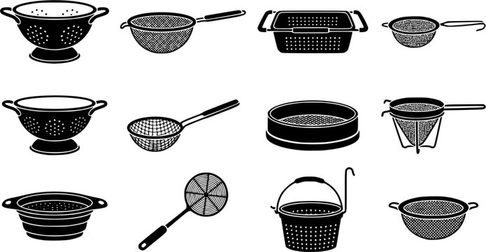 Colander & Strainer silhouette icon set, flat black glyph style, pure white background