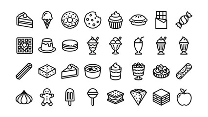 Collection of various food and dessert icons in black line art on white background  sweet treats and snacks © vector innovation