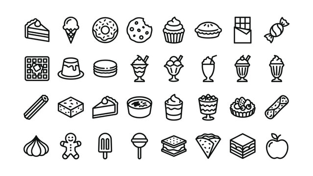 Collection of various food and dessert icons in black line art on white background  sweet treats and snacks