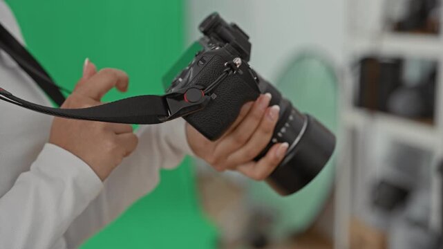 Young hispanic woman holds mirrorless camera with bare hands, grips lens and taps rear controls in a green screen studio; creative focus.