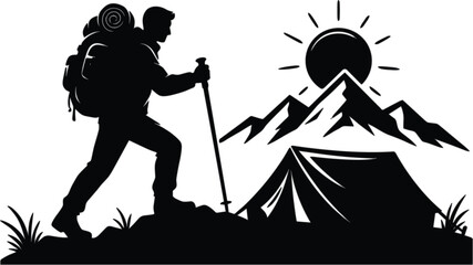 Mountain hiking adventure silhouette, backpacker camping beside tent vector illustration isolated outdoor travel exploration nature design collection © MASUMA