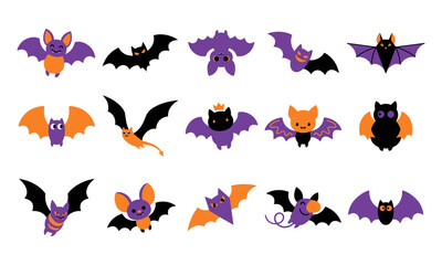 Obraz premium Cute cartoon Halloween bats vector set with various funny expressions and flying poses for spooky design projects vector design