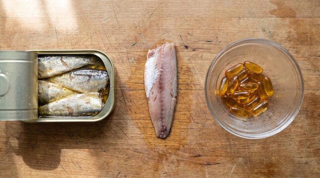 Flatlay of an open tin and a fish fillet and gel capsules in a realistic style in neutral colors representing a nutritional comparison, sardine fast concept with copy space