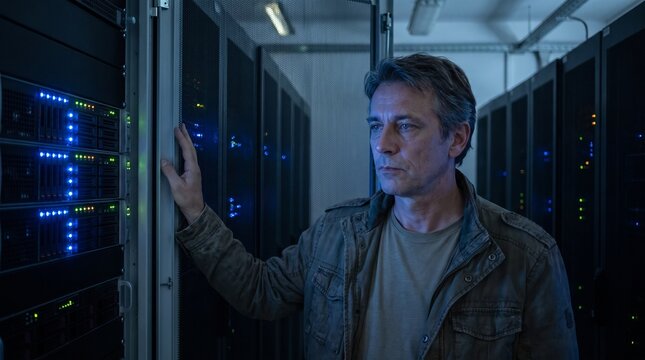 Adult Caucasian man with a thoughtful mood touching a cabinet against a dark data center background, tech job cuts concept