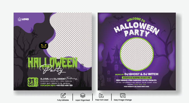 Halloween party Social media posts, banner ads template designs with haunted aesthetics and spooky themed event details perfect for social media promotion and digital advertisements promo template