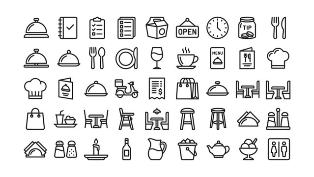Restaurant food service and dining icons including utensils tableware and beverages on white background  simple line style graphics for menus and restaurants