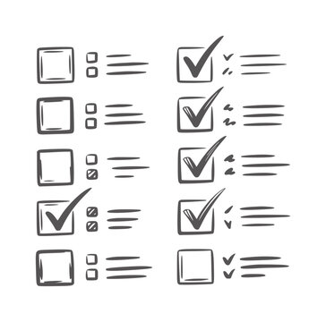 Hand drawn style checkboxes with checkmarks and lines handdrawn black