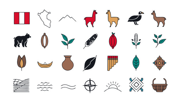Peruvian cultural symbols and landmarks in a flat design collection with clean lines and vibrant colors