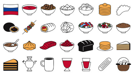 Russian cuisine icons with flag and ingredients on white background simple flat design for culinary themes © Alamgir@