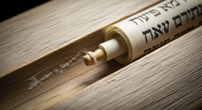 A rolled scroll with Hebrew text, resting in a wooden holder, suggesting ancient religious significance, AI generated