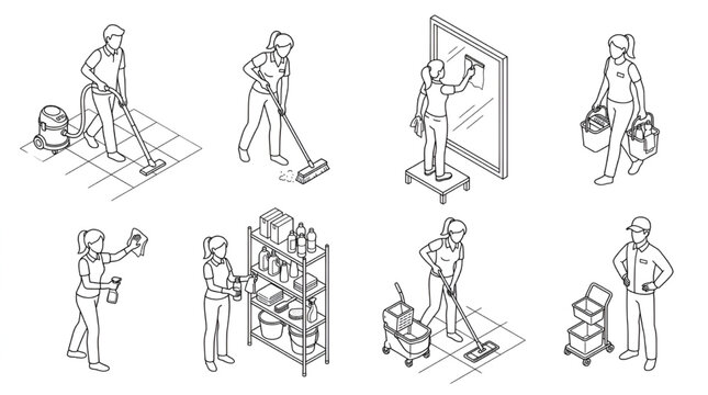  Isometric cleaning service staff janitorial workers outline vector icon set for architectural rendering