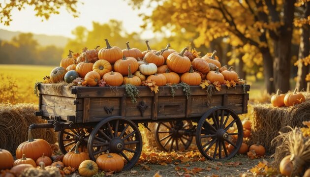 A rustic wagon overflowing with pumpkins sits in a field, perfect for fall festivals and seasonal celebrations, AI generated