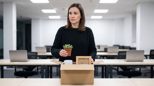 Young Caucasian woman with a depressed mood placing personal items in a box due to tech job cuts against a blurred workspace background
