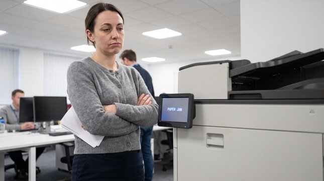 Adult Caucasian woman with an annoyed mood waiting for a jammed printer against an open plan office background, everyday open space routine concept