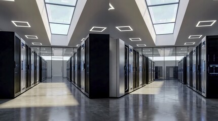 Fototapeta premium A symmetrical view down a clean, well-lit data center aisle featuring rows of server racks and illuminated by overhead skylights and square ceiling lights, AI generated